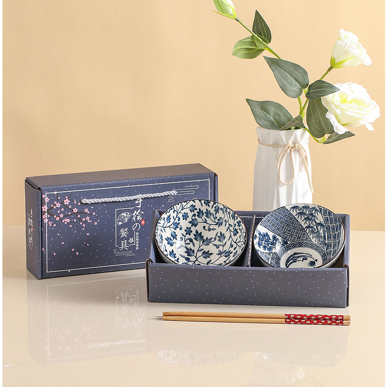 (Isi 2pcs) Mangkok Set Sumpit - Mangkok Souvenir Keramik Premium