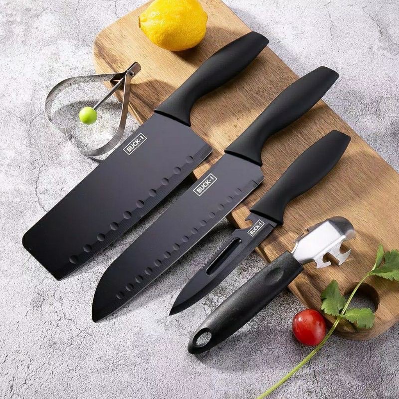 Pisau Set 3pcs + Peeler + Egg Mold (5pcs Knife Set Black Series)