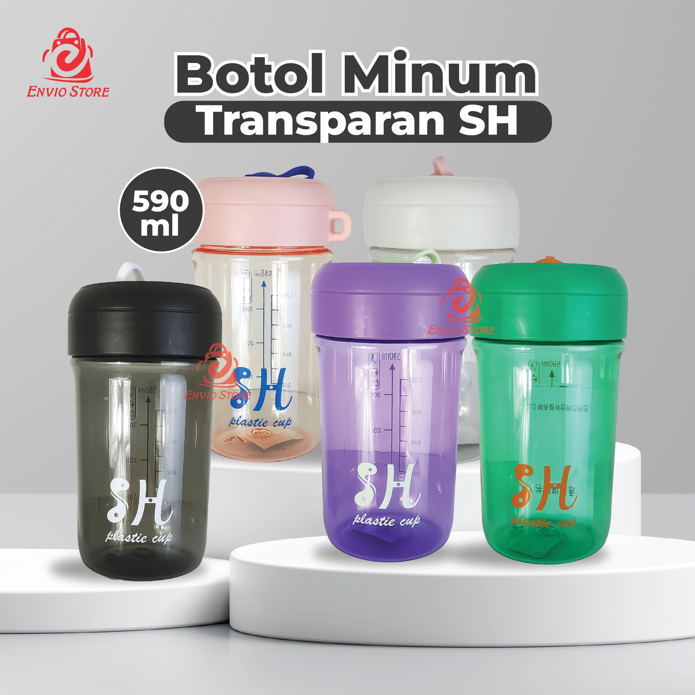 Botol Minum Transparan 590ml SH Plastic Cup - PINK (Botol Minum + Sedotan) (SH-2061)