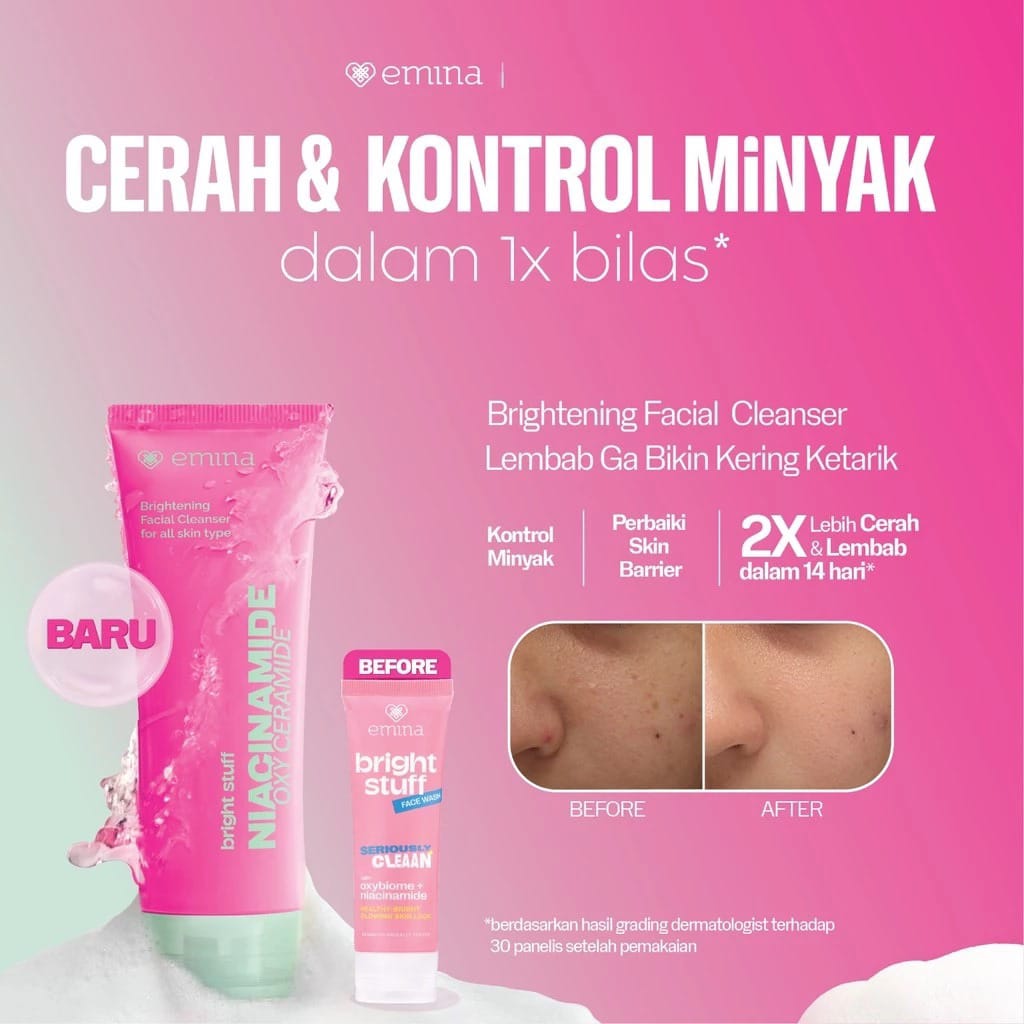 Emina Bundle 3in1 BRIGHT UP KIT (Free Tone Up Cream) - (Bright Stuff Niacinamide FW 50ml + Sun Battle SPF35 30ml + Water Bright Glow Gel 30gr)