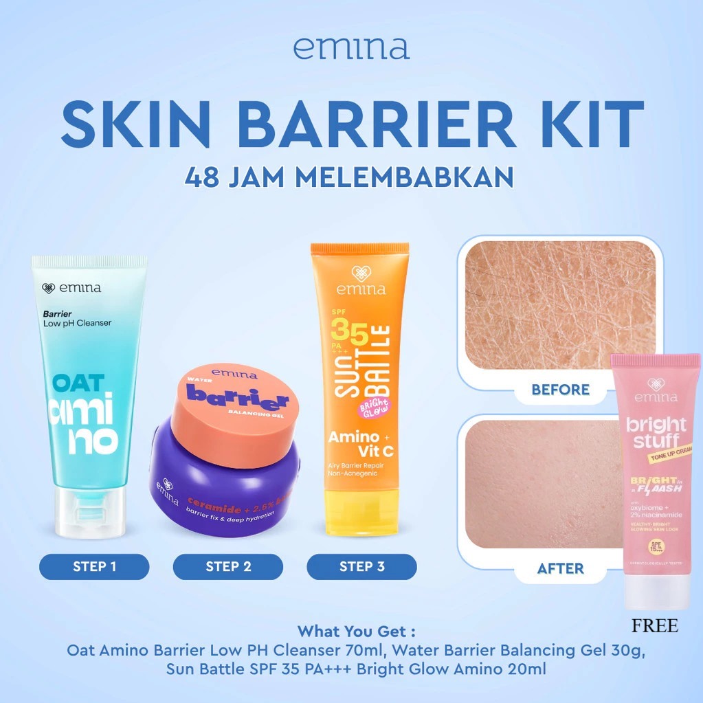 Emina Bundle 3in1 SKIN BARRIER KIT (Free Tone Up Cream) - (Oat Amino Cleanser + Sun Battle SPF35 20ml + Water Barrier Balancing Gel 30gr)