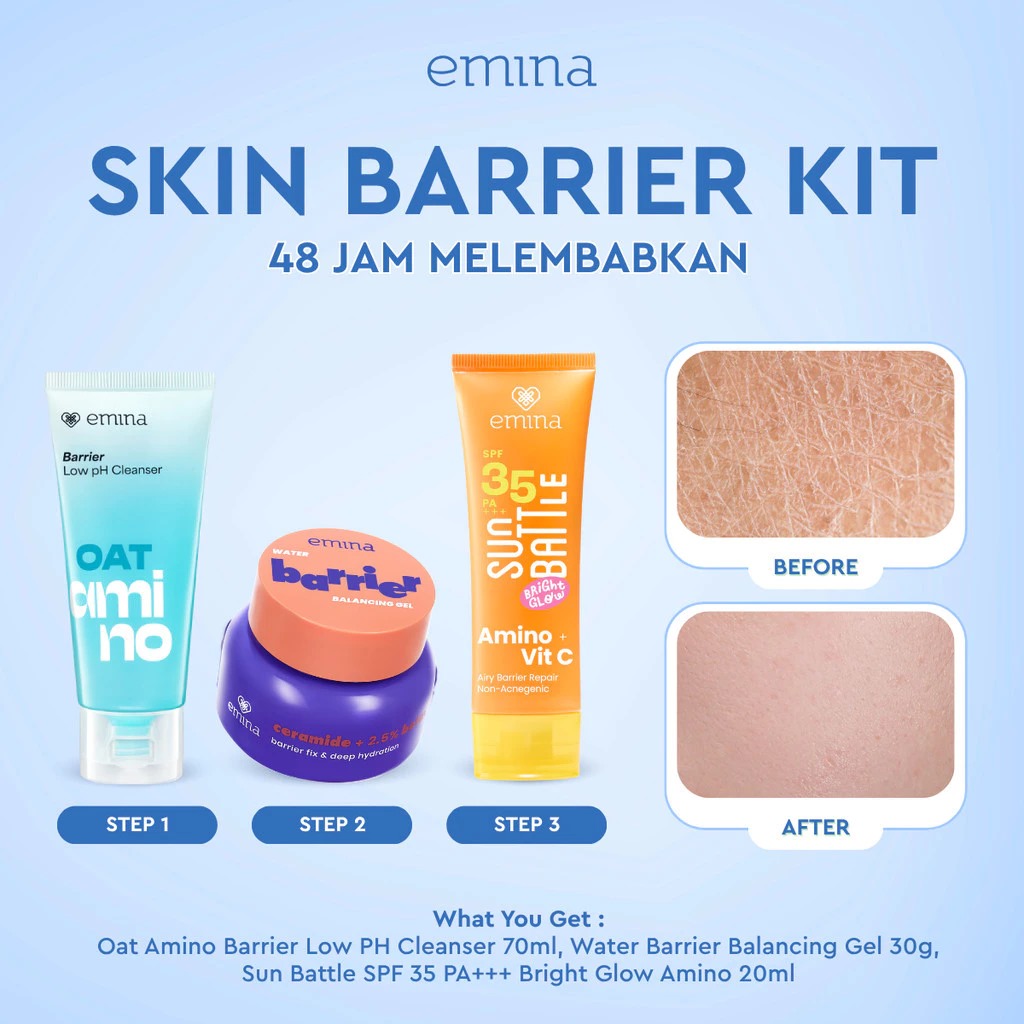 Emina Bundle 3in1 SKIN BARRIER KIT - (Oat Amino Cleanser + Sun Battle SPF35 20ml + Water Barrier Balancing Gel 30gr)
