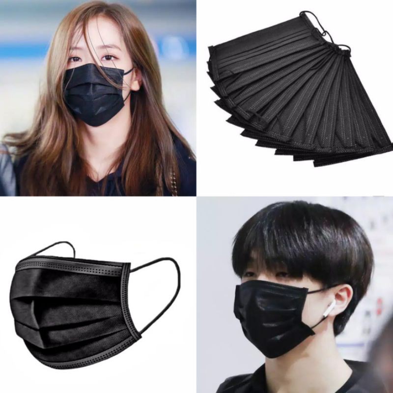 (Isi 50) Masker 3ply Earloop HITAM - Disposable Mask