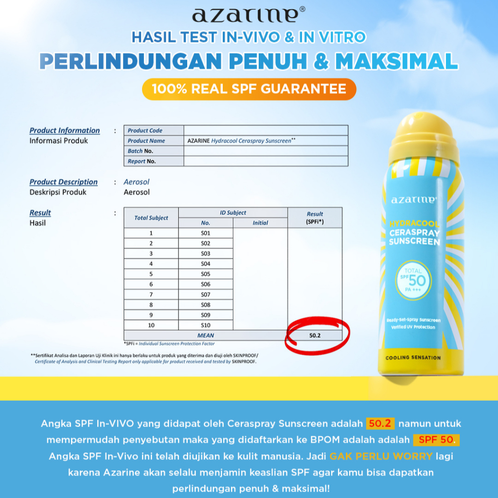 Azarine Hydracool Ceraspray Sunscreen SPF50 PA+++ 50ml - Sunscreen Spray with Cooling Scentsation