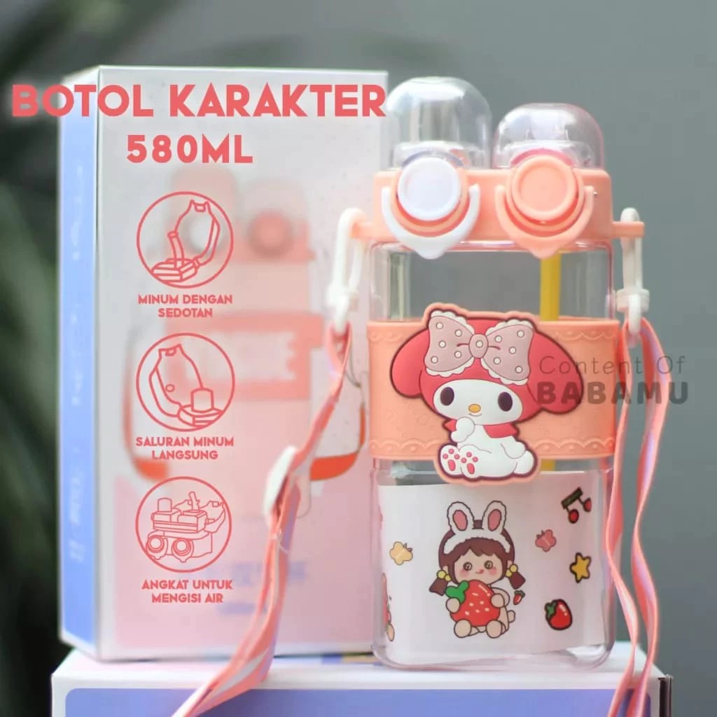 Botol Minum Karakter Tutup 2in1 580ml - PINK (Free Tali)