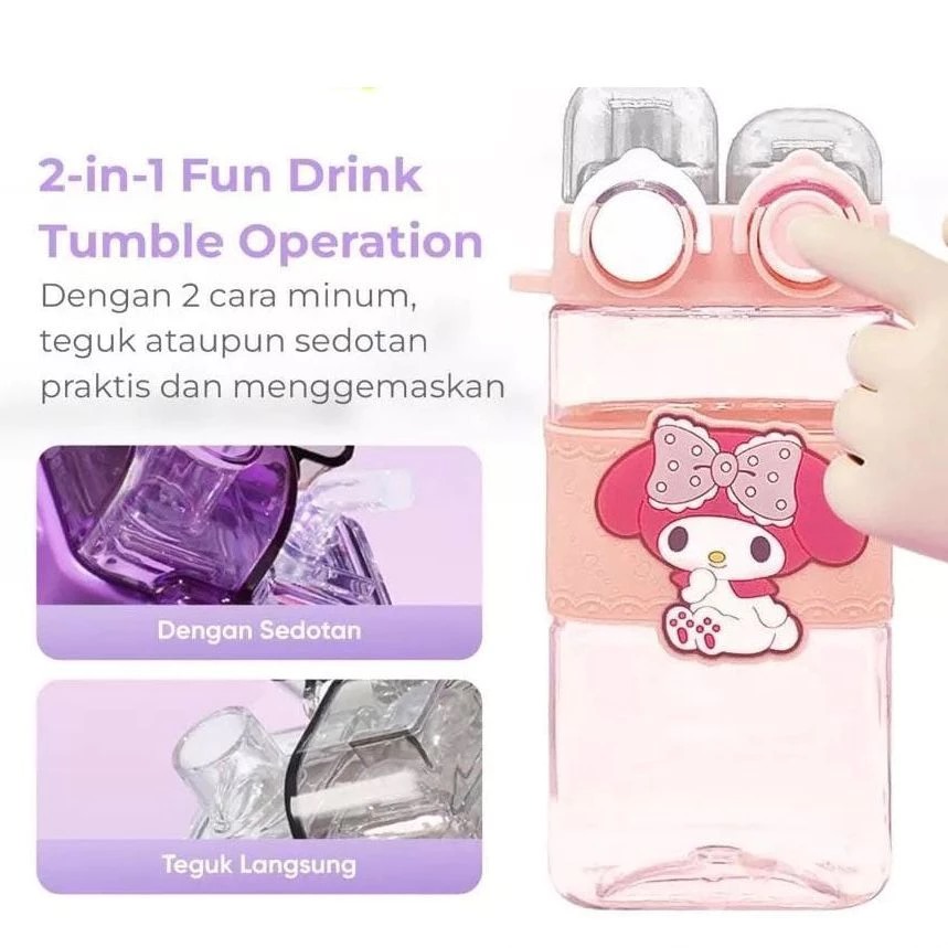 Botol Minum Karakter Tutup 2in1 580ml - PINK (Free Tali)