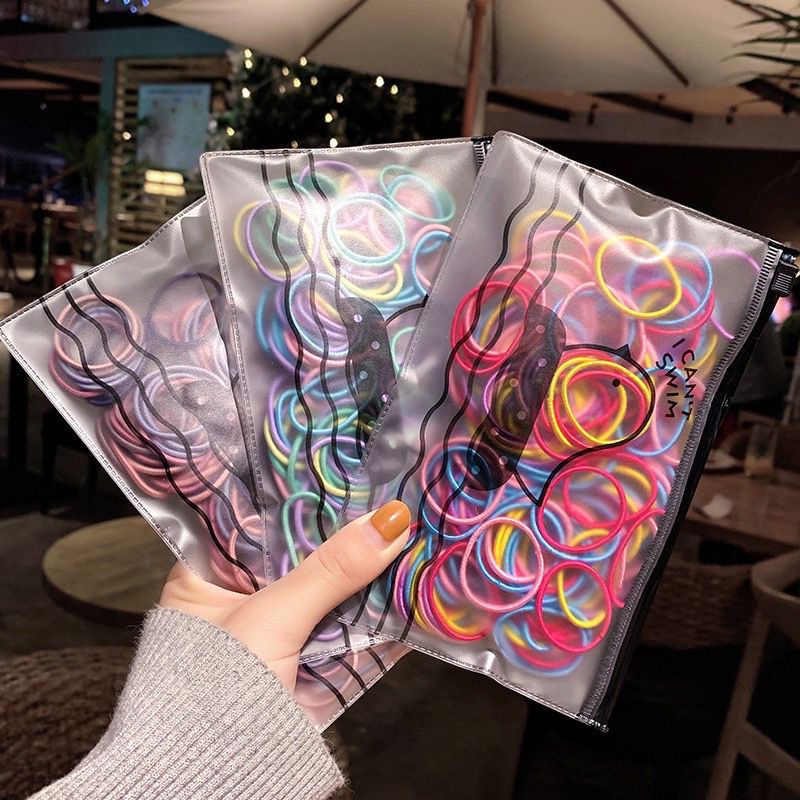 Ikat Rambut Macaron Isi 100pcs + Pouch (Kuncir Rambut)