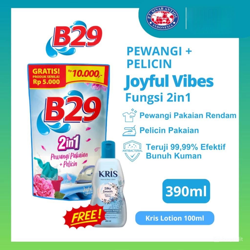 B29 Pewangi Pakaian + Pelicin (2in1) 390ml - Joyful Vibes (Free Lotion) B29 Pewangi Pakaian + Pelicin (2in1) 390ml - Joyful Vibes (Free Lotion)