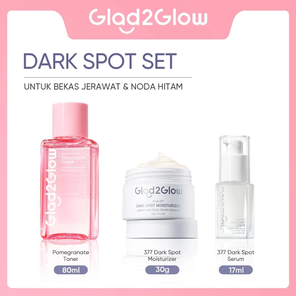 (PAKET) Glad 2 Glow 3in1 Dark Spot Set - Pomegranate Toner 80ml + Yuja Symwhite 377 Moisturizer 30gr + Yuja Symwhite 377 Serum 17ml