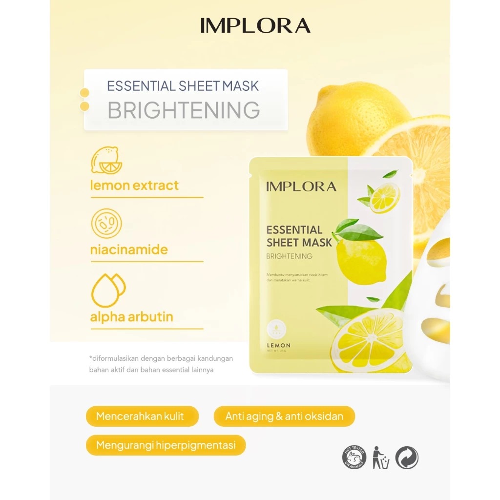 Implora Essential Sheet Mask 25gr - Lemon (Brightening) Implora Essential Sheet Mask 25gr - Lemon (Brightening)