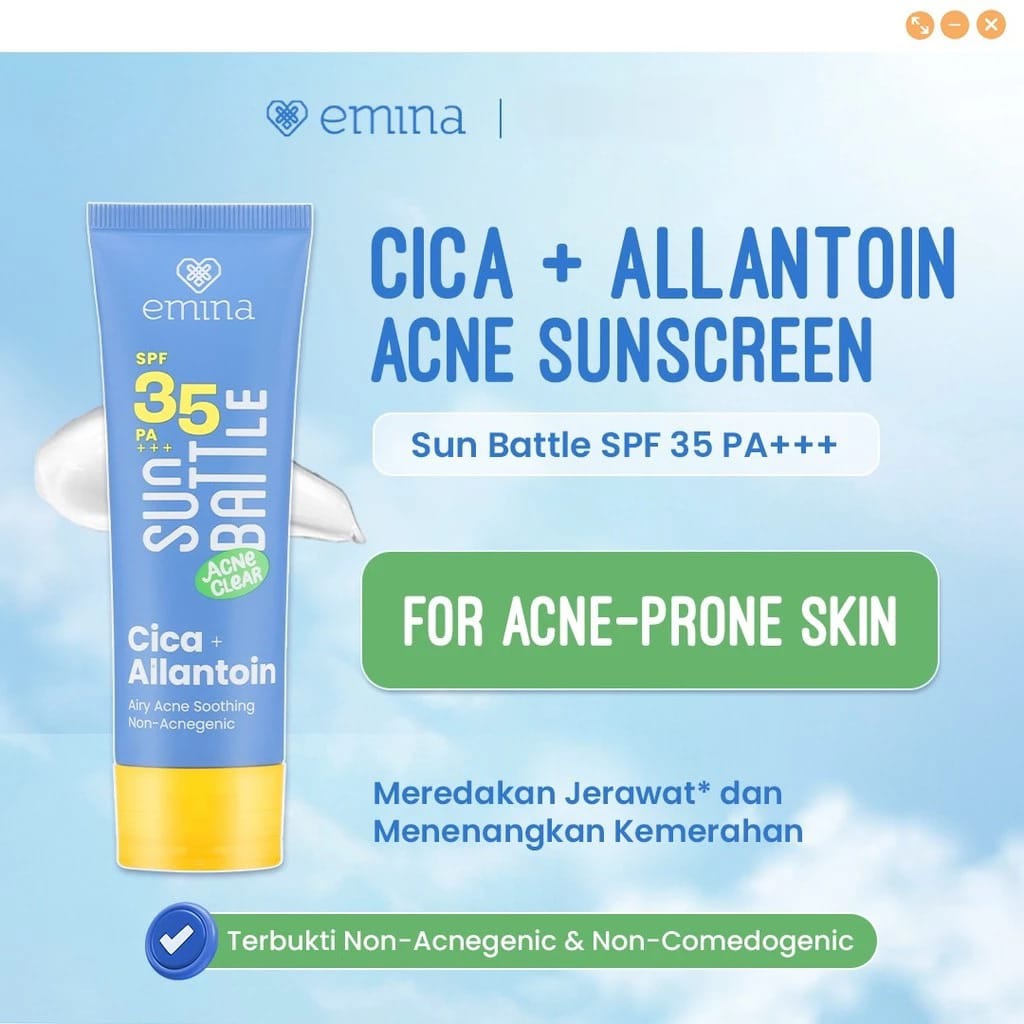 Emina Bundle 3in1 BYE ACNE KIT (Free Tone Up Cream) - (Bright Stuff For Acne FW 50ml + Sun Battle SPF35 Cica 50ml + Water Calming Gel 30gr)