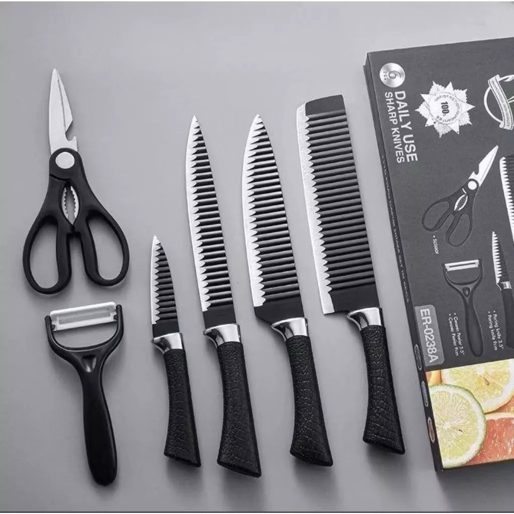Pisau Set Isi 6pcs Bergerigi - Daily Use Sharp Knives (Pisau Set Dapur Stainless Steel Multifungsi)