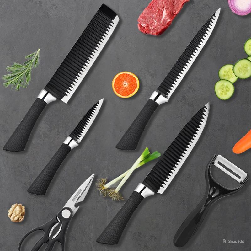 Pisau Set Isi 6pcs Bergerigi - Daily Use Sharp Knives (Pisau Set Dapur Stainless Steel Multifungsi)