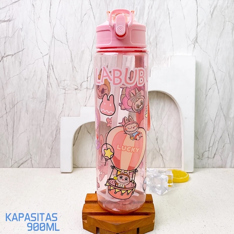 Botol Minum LABUBU 900ml - PINK (Botol Minum Anak Lucu + Free Sedotan)