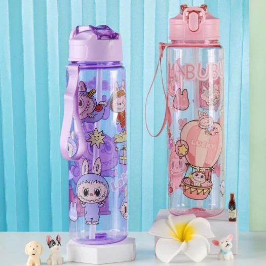 Botol Minum LABUBU 900ml - PINK (Botol Minum Anak Lucu + Free Sedotan)