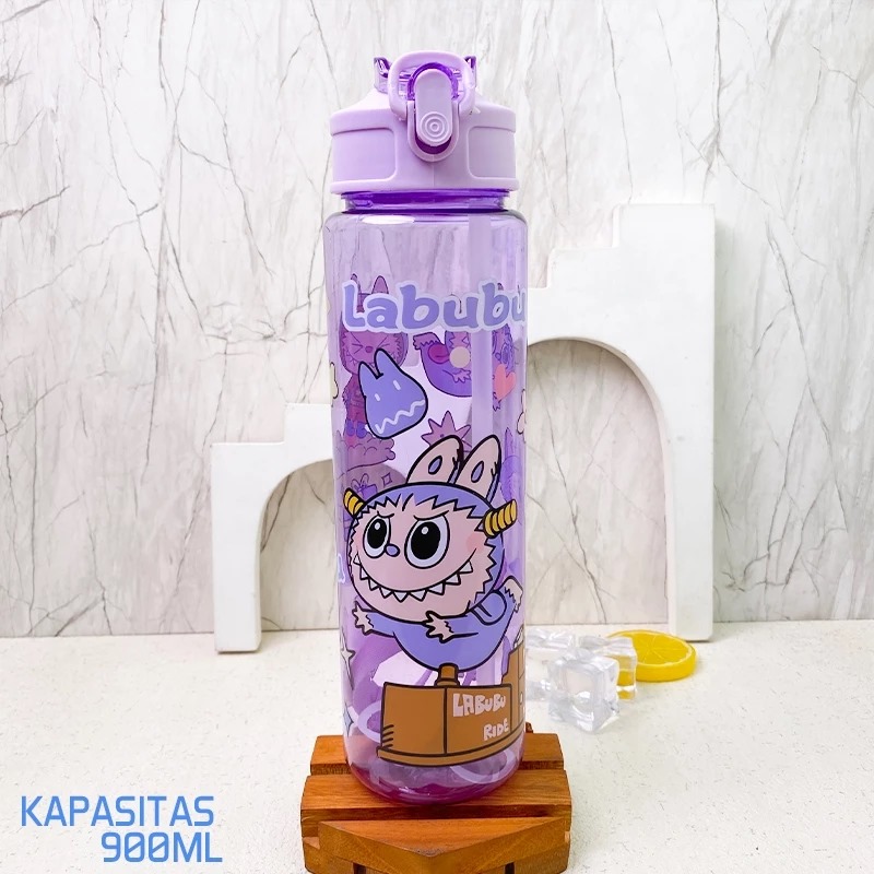 Botol Minum LABUBU 900ml - PINK (Botol Minum Anak Lucu + Free Sedotan)
