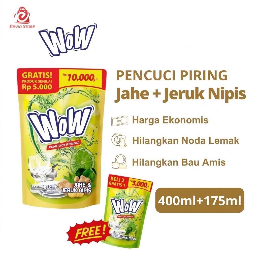 WOW Dishwash Liquid 400ml+175ml - JAHE Jeruk Nipis (Sabun Cuci Piring)