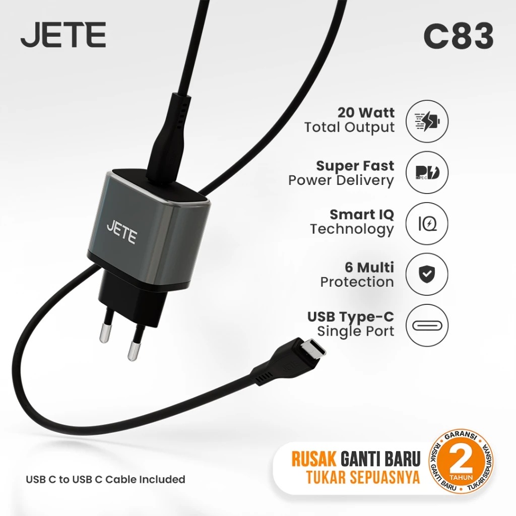 JETE Adaptor Batok C83 Type C 20W (Include Kabel USB C to USB C Fast Charging)