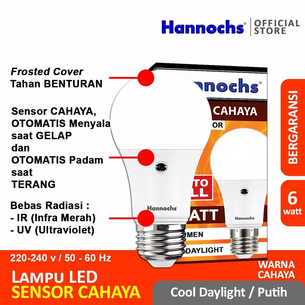 HANNOCHS Light Sensor Bohlam LED 6 Watt (6W) CDL - Bohlam Sensor Cahaya