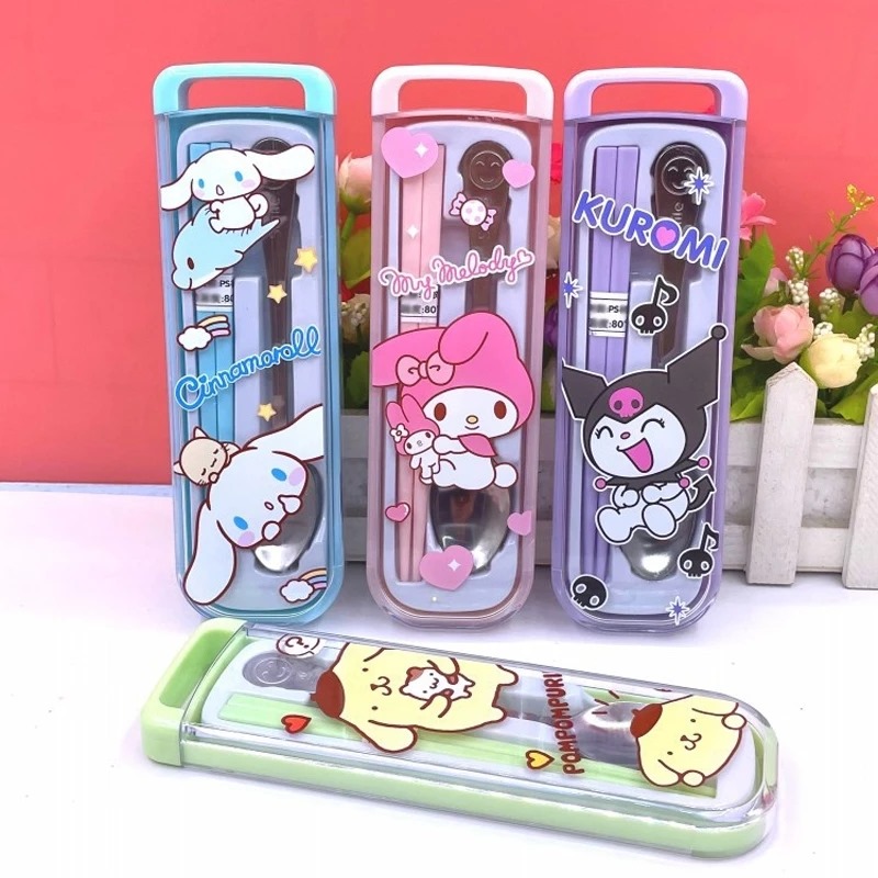 Alat Set Makan Sanrio 3in1 - KUROMI UNGU (Sendok + Garpu + Sumpit) / Alat Makan Stainless With Case