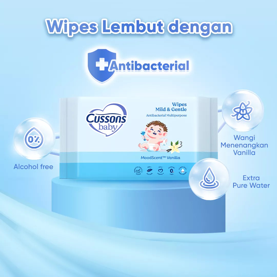 (Beli 1 Gratis 2) Cussons Baby Wipes Tissue Basah 45s - Biru