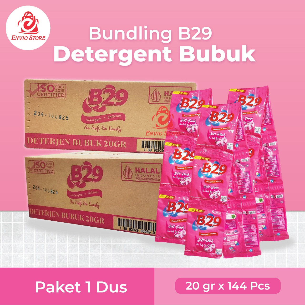 (PAKET 1Dus ISI 144) Bundling B29 Detergent Bubuk 20gr Sachet Renteng - Soft Pink