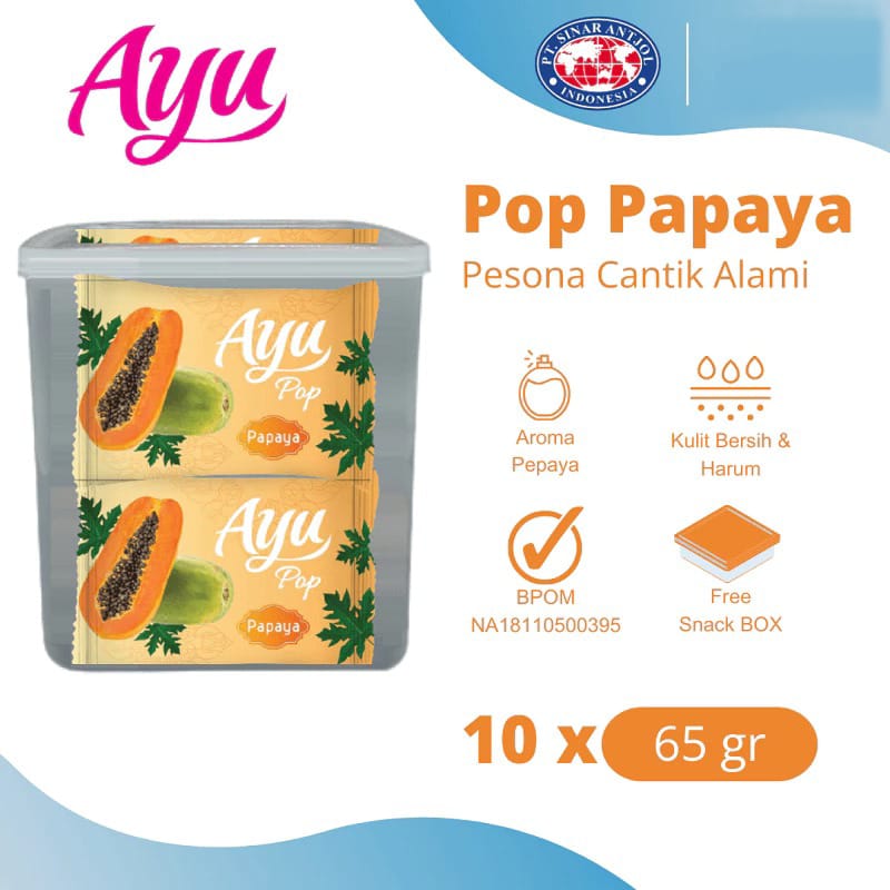 (PAKET ISI 10) Sabun Mandi Ayu Pop (Bar Soap) 65gr - Papaya (FREE Toples Snack)