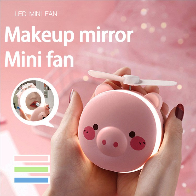 Mini Fan LED Mirror Karakter - Kipas Mini Rechargeable + Cermin LED