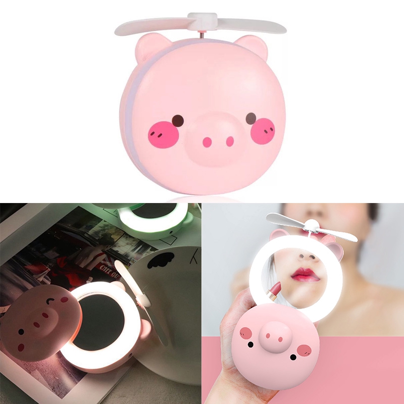Mini Fan LED Mirror Karakter - Kipas Mini Rechargeable + Cermin LED