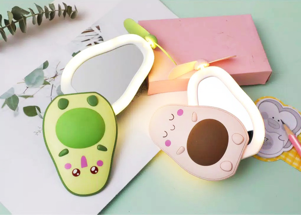 Mini Fan LED Mirror Alpukat - Kipas Mini Rechargeable + Cermin LED