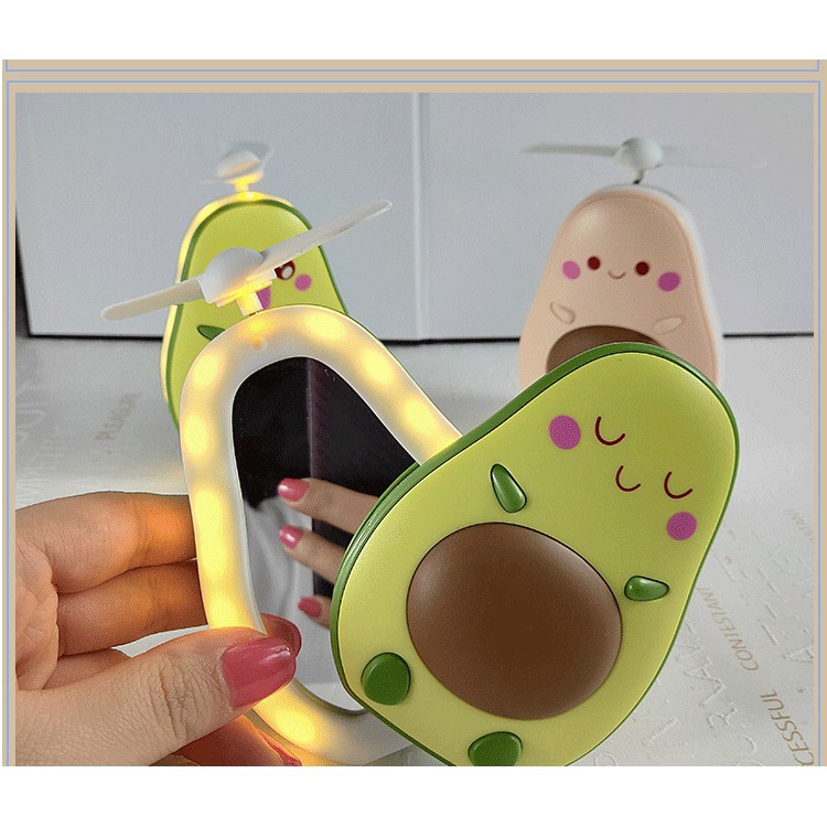 Mini Fan LED Mirror Alpukat - Kipas Mini Rechargeable + Cermin LED