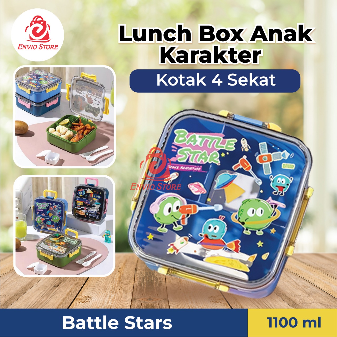 Lunch Box Anak Karakter Kotak 4 Sekat 1100ml (Free Sendok Garpu) - Kotak Makan Bekal (6047)