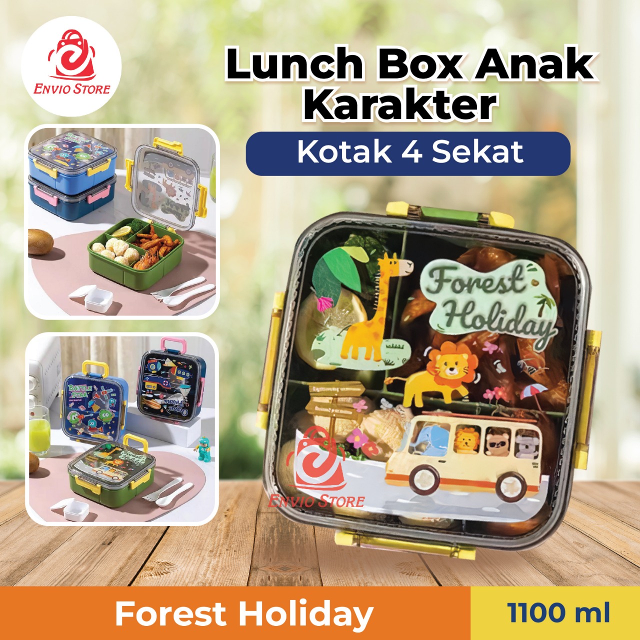 Lunch Box Anak Karakter Kotak 4 Sekat 1100ml (Free Sendok Garpu) - Kotak Makan Bekal (6047)