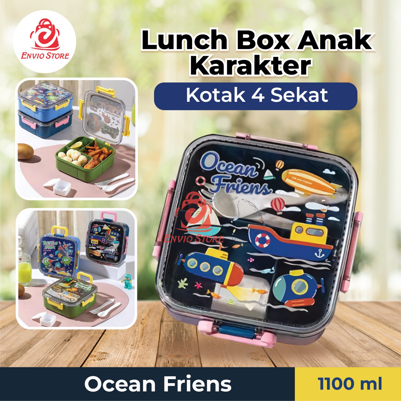 Lunch Box Anak Karakter Kotak 4 Sekat 1100ml (Free Sendok Garpu) - Kotak Makan Bekal (6047)