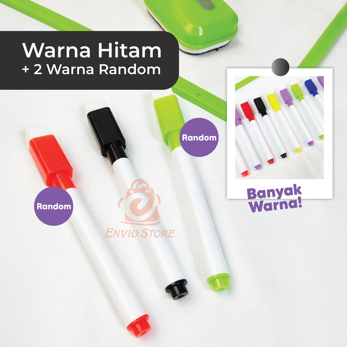 Spidol Wipe & Clean set 3pcs - Spidol Pena Warna Warni dengan Penghapus 