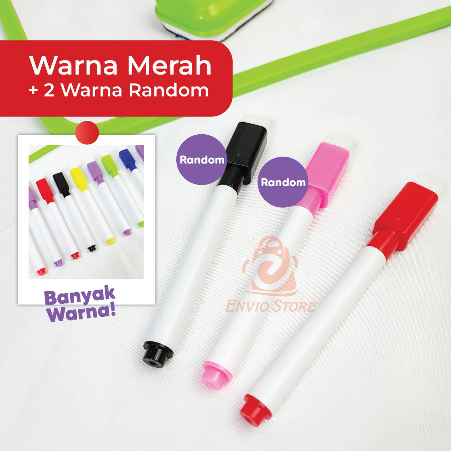 Spidol Wipe & Clean set 3pcs - Spidol Pena Warna Warni dengan Penghapus 