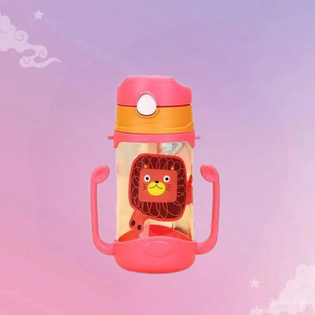 Botol Minum Anak Gagang Animal 450ml - PINK (Free Tali) (6743)