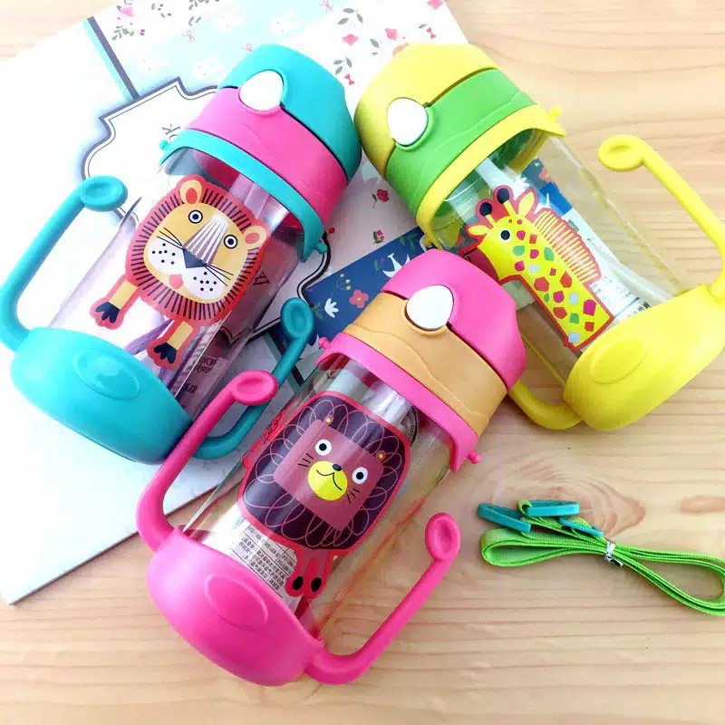 Botol Minum Anak Gagang Animal 450ml - PINK (Free Tali) (6743)
