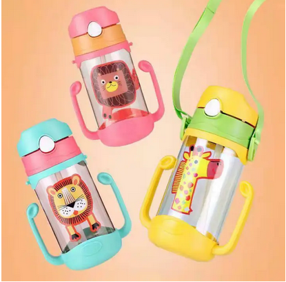 Botol Minum Anak Gagang Animal 450ml - PINK (Free Tali) (6743)