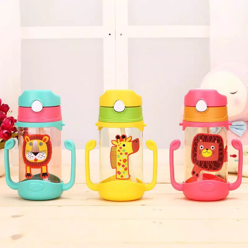 Botol Minum Anak Gagang Animal 450ml - PINK (Free Tali) (6743)