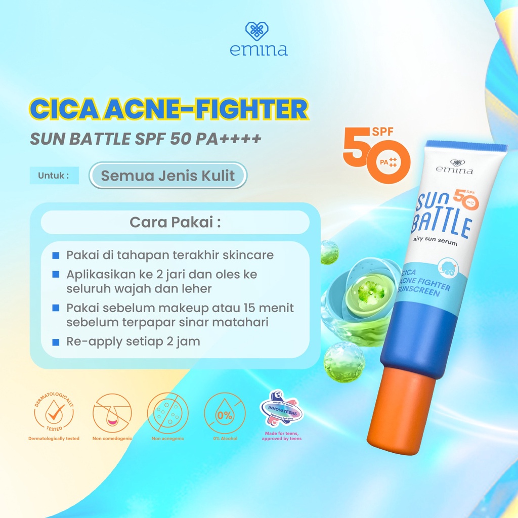 Emina Sun Battle Airy Sun Serum (FUN SIZE) SPF50 PA++++ - Cica Acne Fighter Sunscreen 20ml Emina Sun Battle Airy Sun Serum (FUN SIZE) SPF50 PA++++ - Cica Acne Fighter Sunscreen 20ml