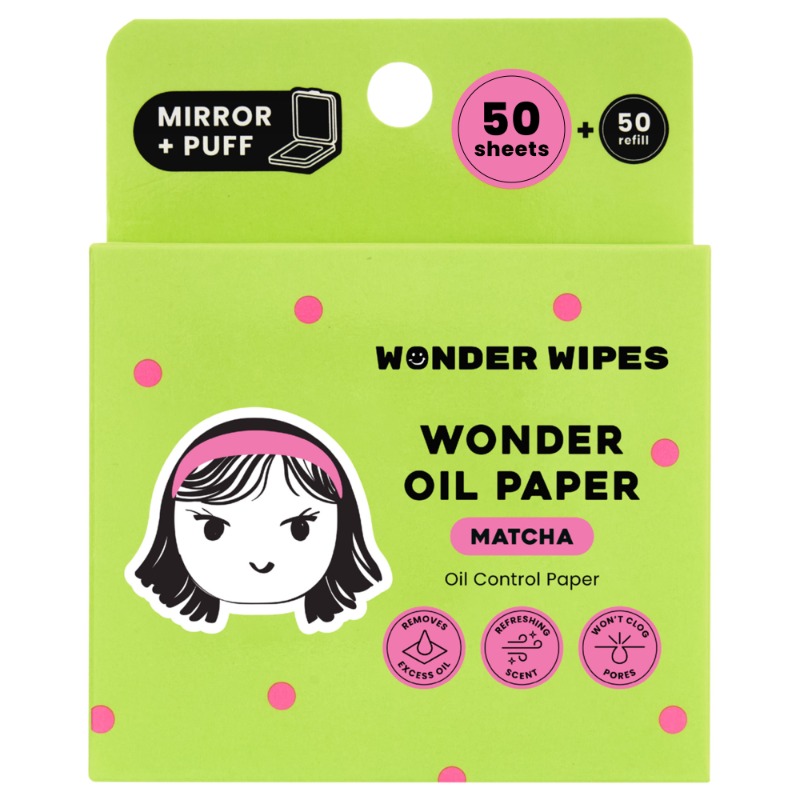 Wonder Wipes - Wonder Oil Paper Mirror+Puff (50s + 50 Refill) - Matcha