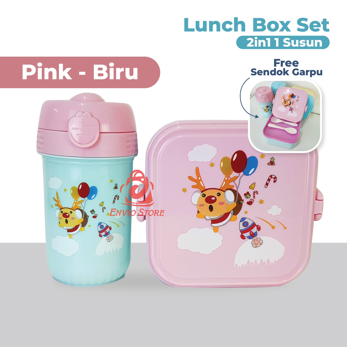 Lunch Box Set 2in1 1 Susun Motif Warna Pastel - PINK-BIRU (Wadah Bekal + Botol Minum) (TJ92)
