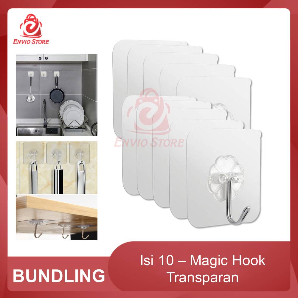 (Isi 10) Magic Hook J Transparan (Gantungan Dinding Besi)