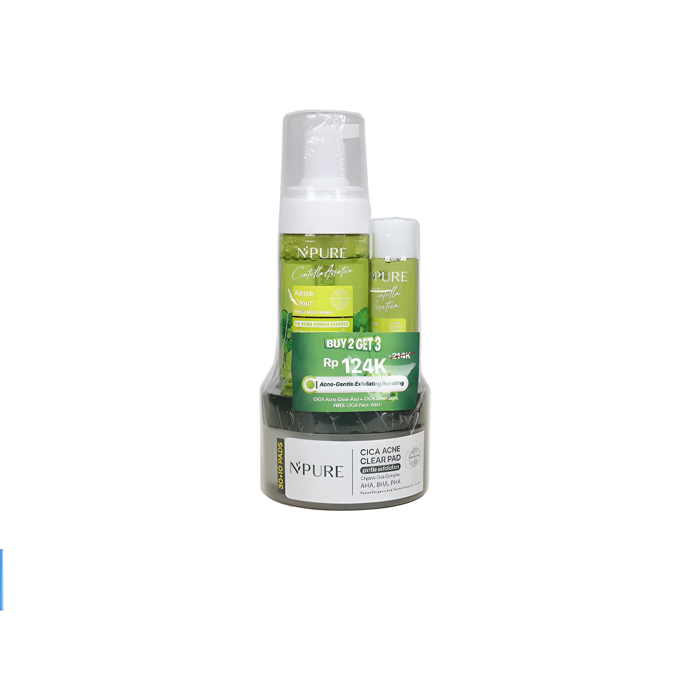 Npure Acne Gentle Exfoliating Bundling - Centella Face Wash 100ml, Centella Face Toner 30ml, Cica Acne Clear Pad 30+10pads (Buy 2 Free 1)