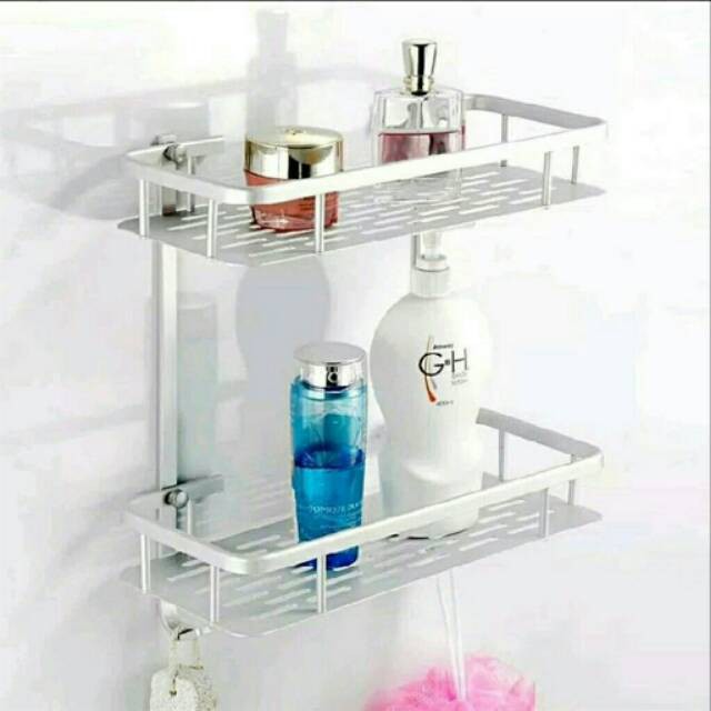 Rak Dinding Kamar Mandi Aluminium Segiempat 2 Susun/ Rak Shampoo Sabun