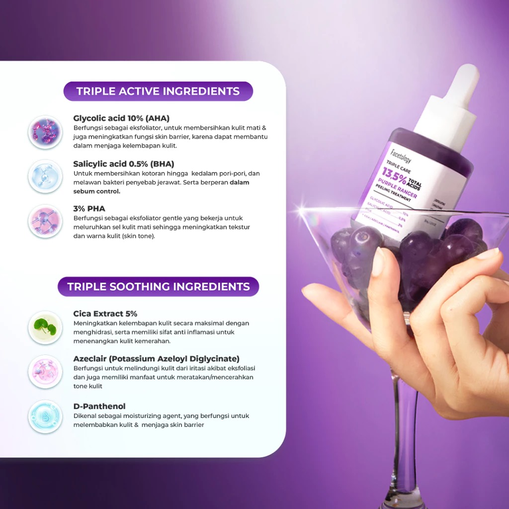 Facetology (Beli 1 Gratis 1) Triple Care 13.5% Total Acids Purple Ranger Peeling Treatment Serum Facetology (Beli 1 Gratis 1) Triple Care 13.5% Total Acids Purple Ranger Peeling Treatment Serum