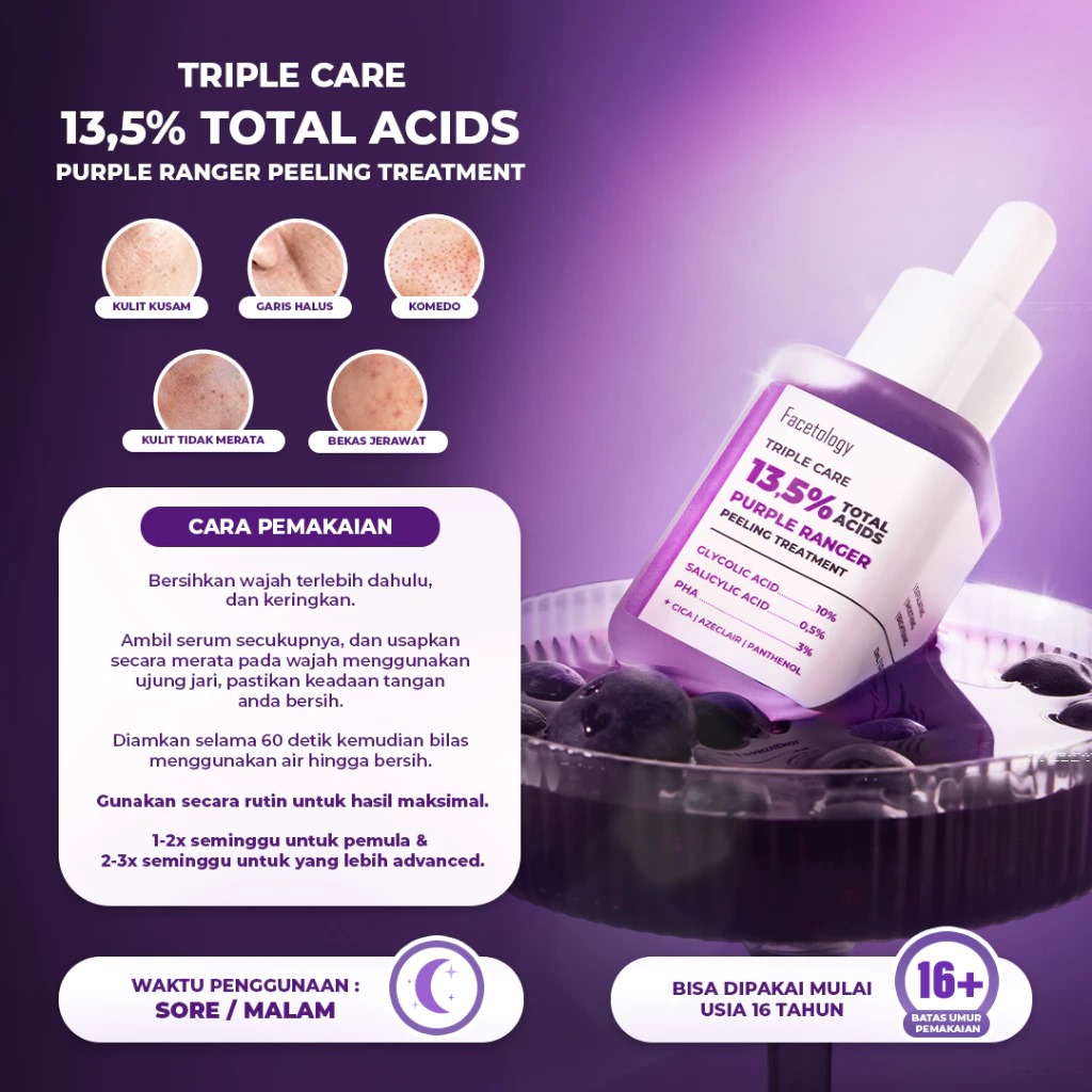 Facetology (Beli 1 Gratis 1) Triple Care 13.5% Total Acids Purple Ranger Peeling Treatment Serum Facetology (Beli 1 Gratis 1) Triple Care 13.5% Total Acids Purple Ranger Peeling Treatment Serum