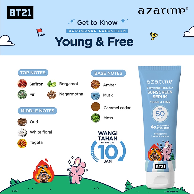 Azarine x BT21 Body Guard Moisturizer Sunscreen Serum SPF50 PA++++ 100ml - Young & Free (Biru) *