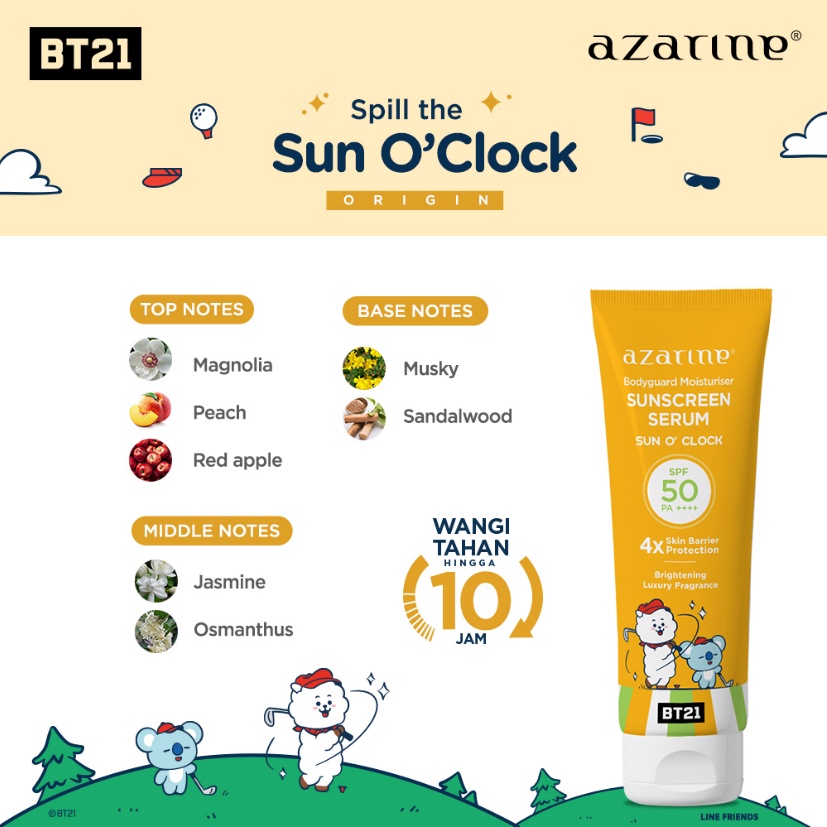Azarine x BT21 Body Guard Moisturizer Sunscreen Serum SPF50 PA++++ 100ml - Sun O'Clock (Kuning) *